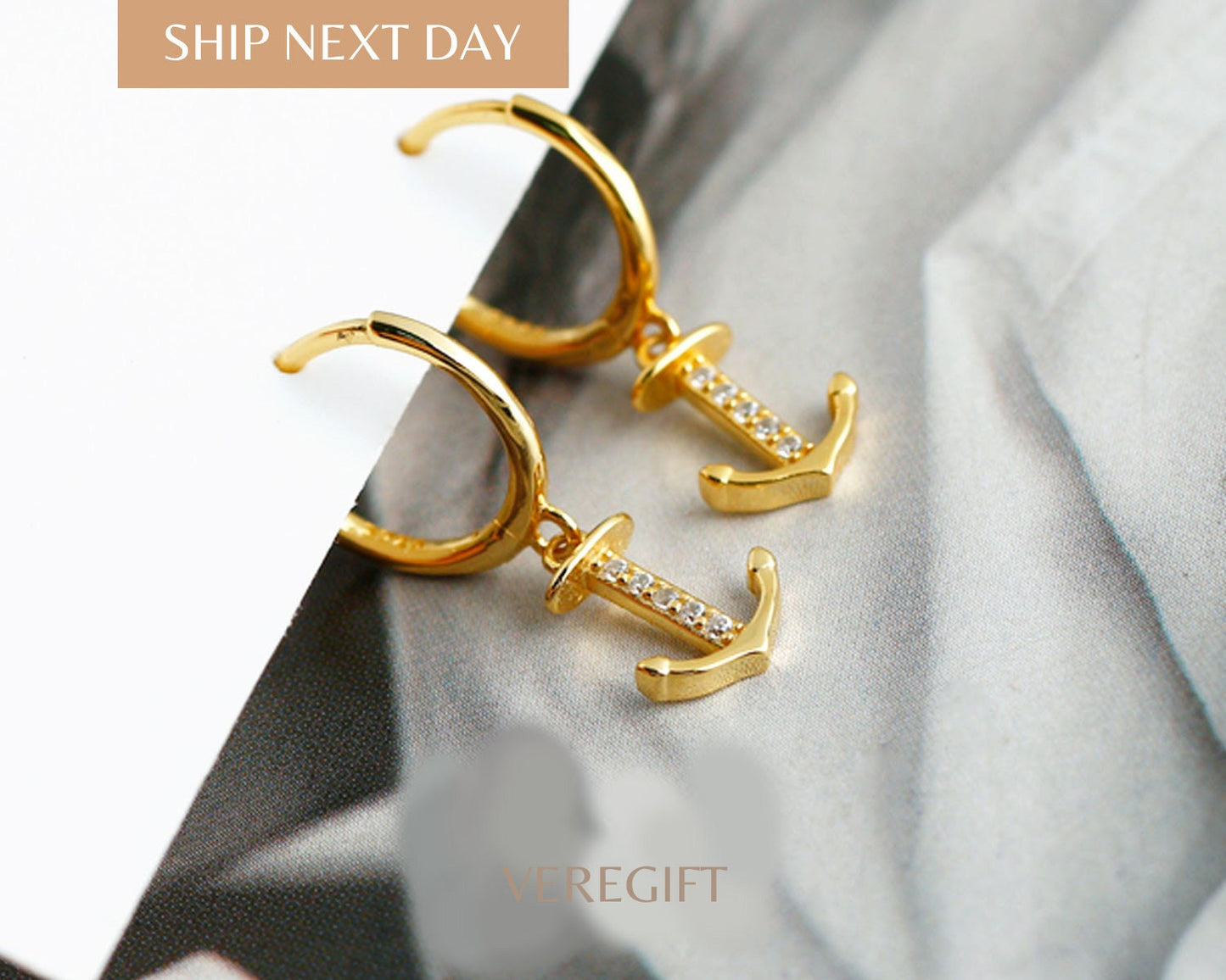 18k Gold Plated Anchor Hoop Earrings: Sterling Silver Nautical Jewelry
