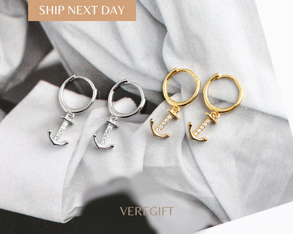 18k Gold Plated Anchor Hoop Earrings: Sterling Silver Nautical Jewelry