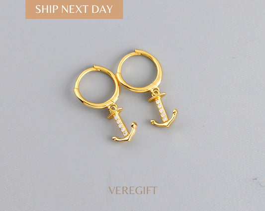 18k Gold Plated Anchor Hoop Earrings: Sterling Silver Nautical Jewelry