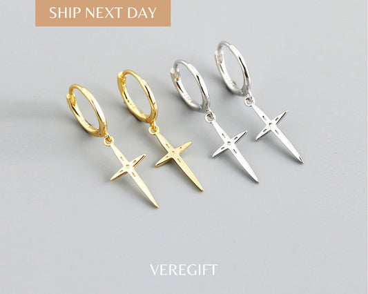 18k Gold Plated Sterling Silver Cross Hoop Earrings