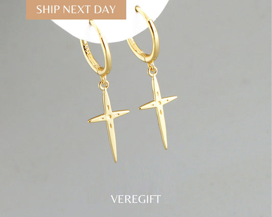 18k Gold Plated Sterling Silver Cross Hoop Earrings