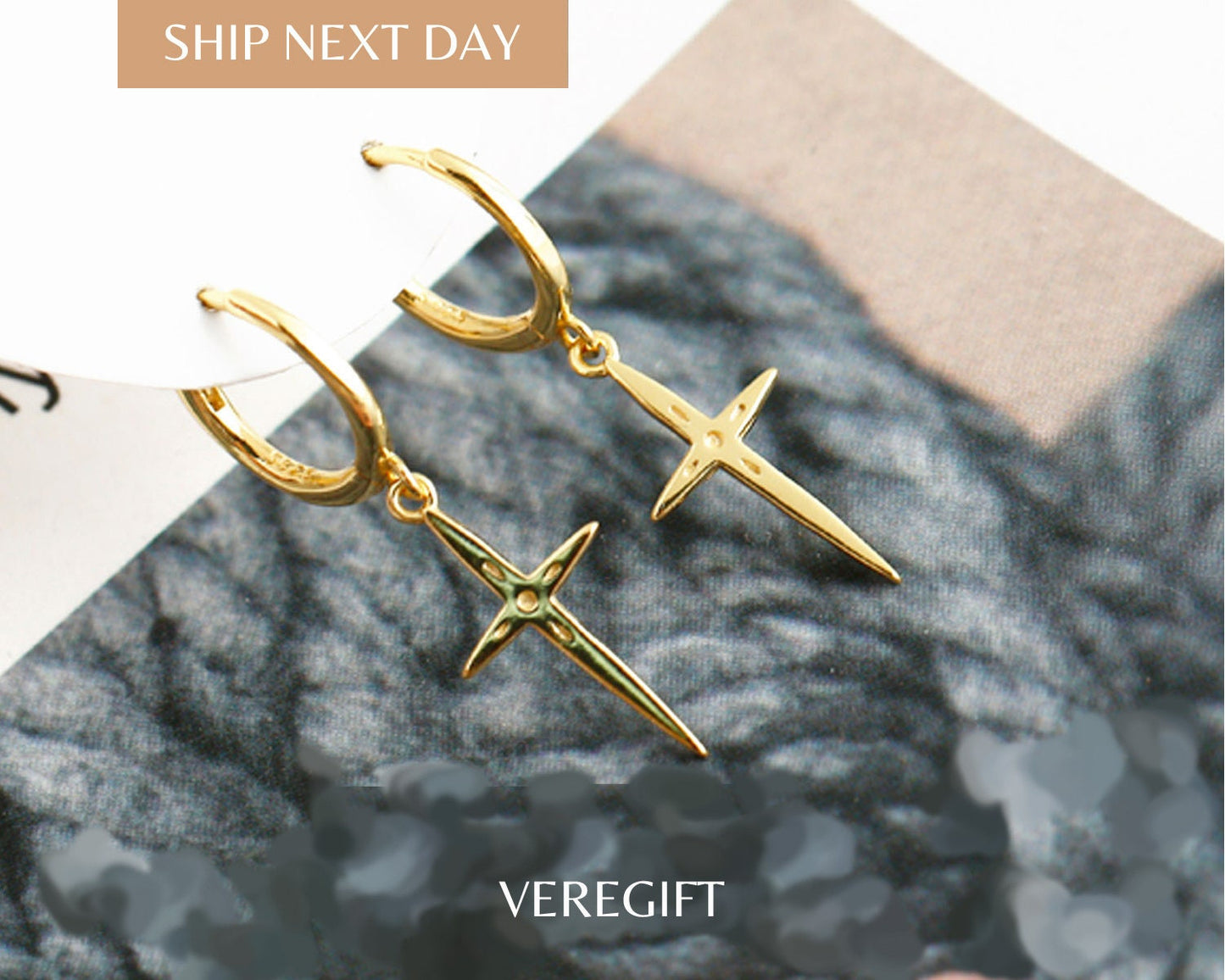 18k Gold Plated Sterling Silver Cross Hoop Earrings