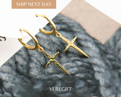 18k Gold Plated Sterling Silver Cross Hoop Earrings