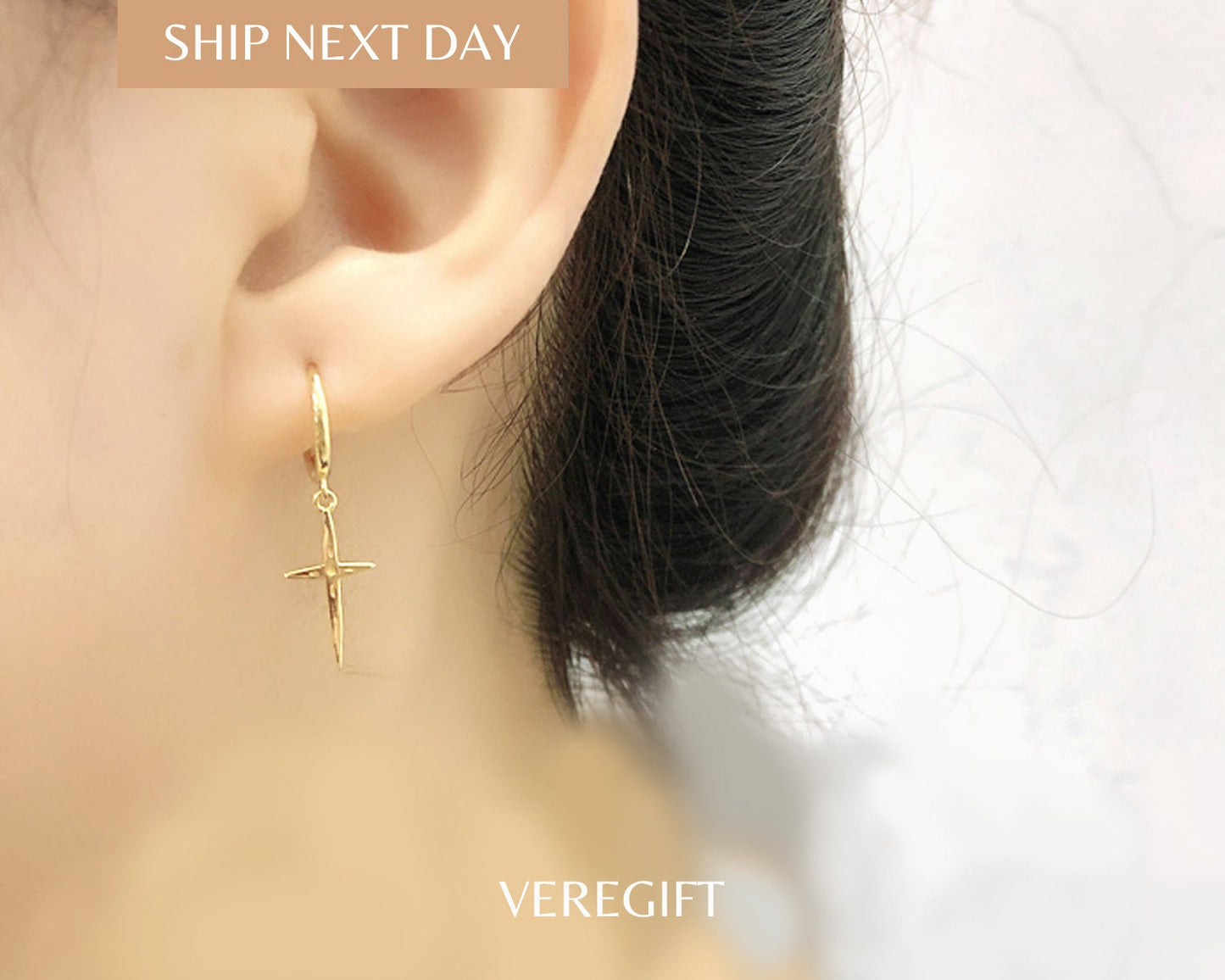 18k Gold Plated Sterling Silver Cross Hoop Earrings