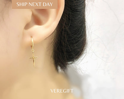 18k Gold Plated Sterling Silver Cross Hoop Earrings