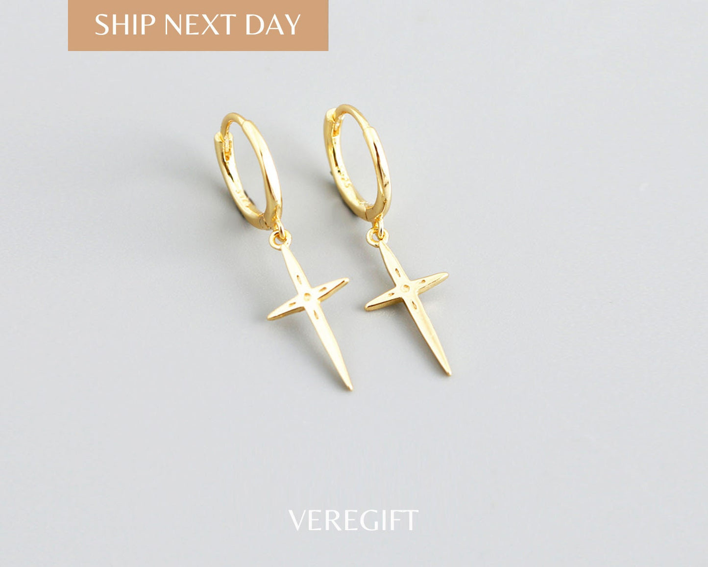 18k Gold Plated Sterling Silver Cross Hoop Earrings
