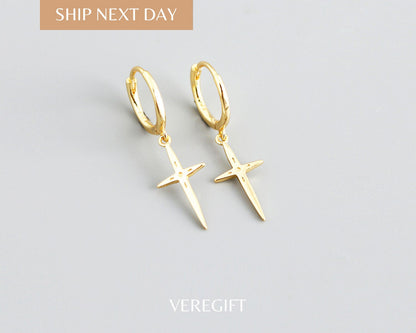 18k Gold Plated Sterling Silver Cross Hoop Earrings