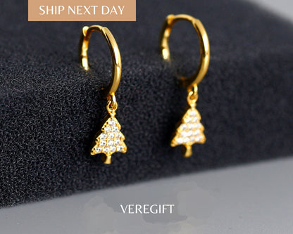 Christmas Tree Hoop Earrings: 18k Gold Plated Sterling Silver