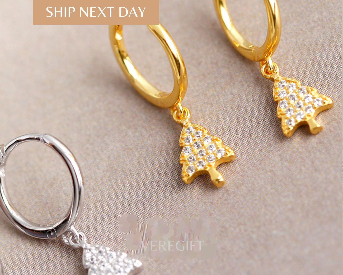 Christmas Tree Hoop Earrings: 18k Gold Plated Sterling Silver