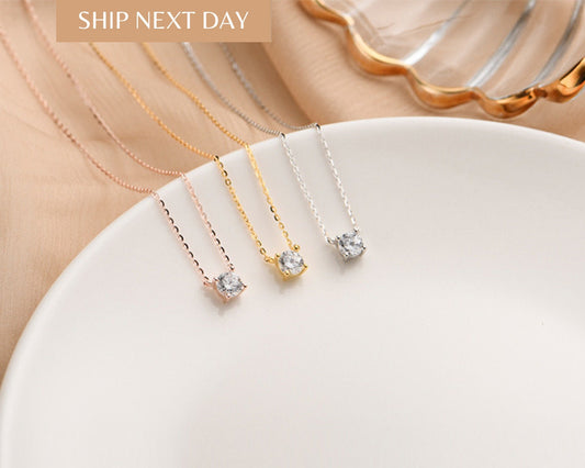 14K Gold Sterling Silver CZ Necklace: Adjustable Solitaire Pendant