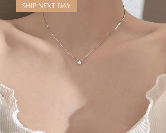 14K Gold Sterling Silver CZ Necklace: Adjustable Solitaire Pendant