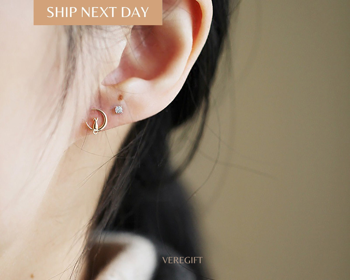Cat In Moon Stud Earrings: Gold Plated Sterling Silver, Minimalist Jewelry - EH3010