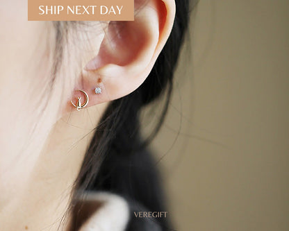 Cat In Moon Stud Earrings: Gold Plated Sterling Silver, Minimalist Jewelry - EH3010