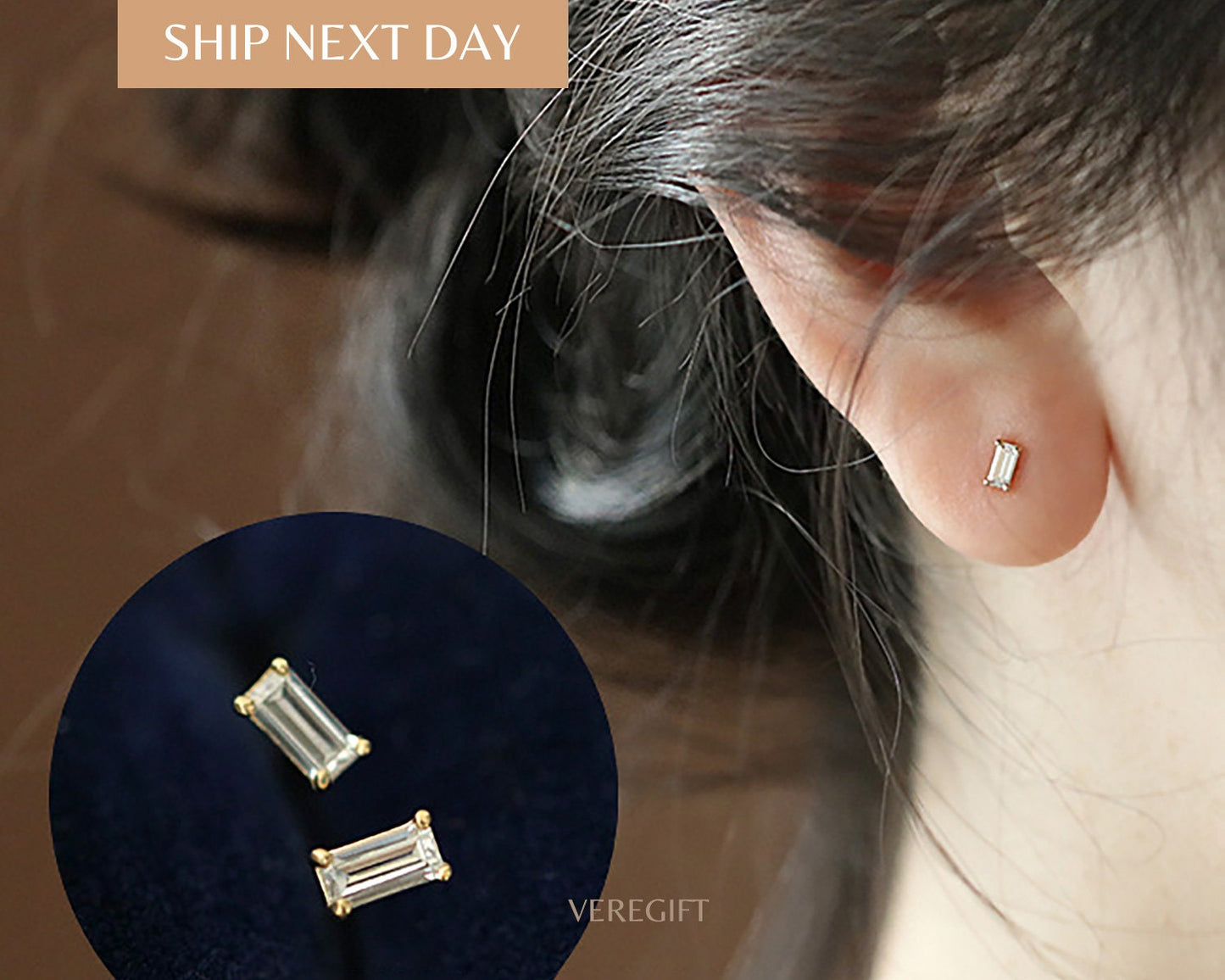Baguette Emerald Stud Earrings: 14k Gold Plated Sterling Silver