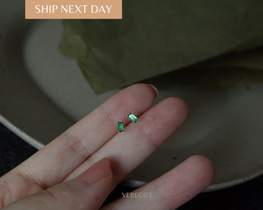 Baguette Emerald Stud Earrings: 14k Gold Plated Sterling Silver