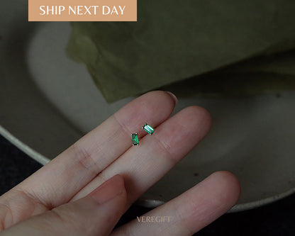 Baguette Emerald Stud Earrings: 14k Gold Plated Sterling Silver