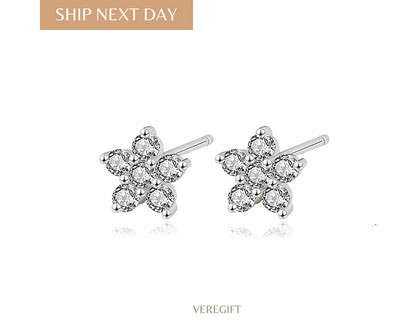 Dainty Flower CZ Stud Earrings: Sterling Silver Minimalist Jewelry
