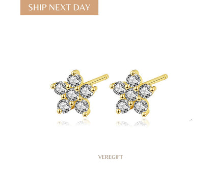 Dainty Flower CZ Stud Earrings: Sterling Silver Minimalist Jewelry