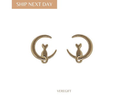 Cat In Moon Stud Earrings: Gold Plated Sterling Silver, Minimalist Jewelry - EH3010