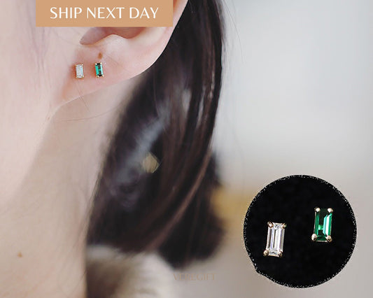 Baguette Emerald Stud Earrings: 14k Gold Plated Sterling Silver