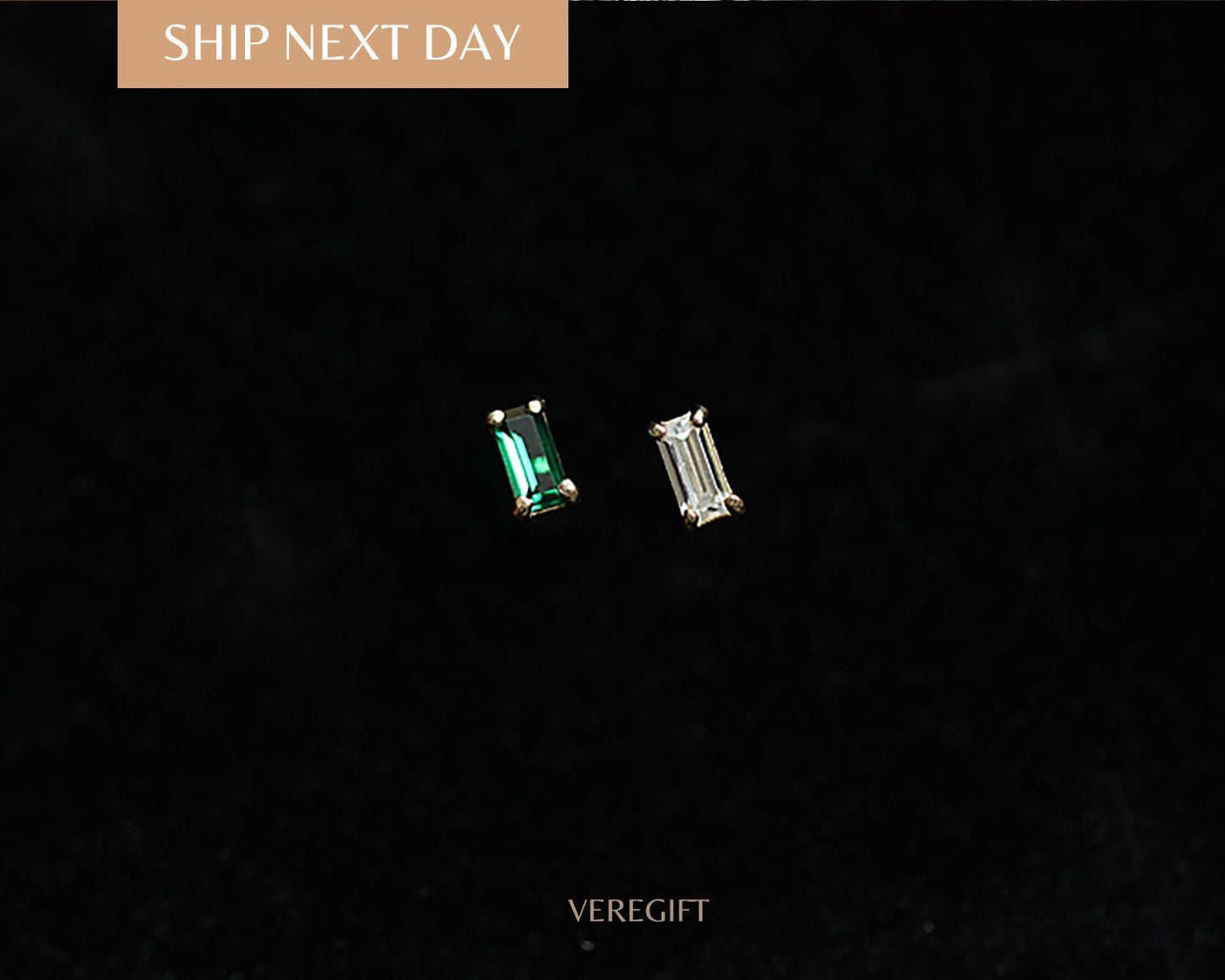 Baguette Emerald Stud Earrings: 14k Gold Plated Sterling Silver