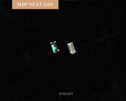 Baguette Emerald Stud Earrings: 14k Gold Plated Sterling Silver