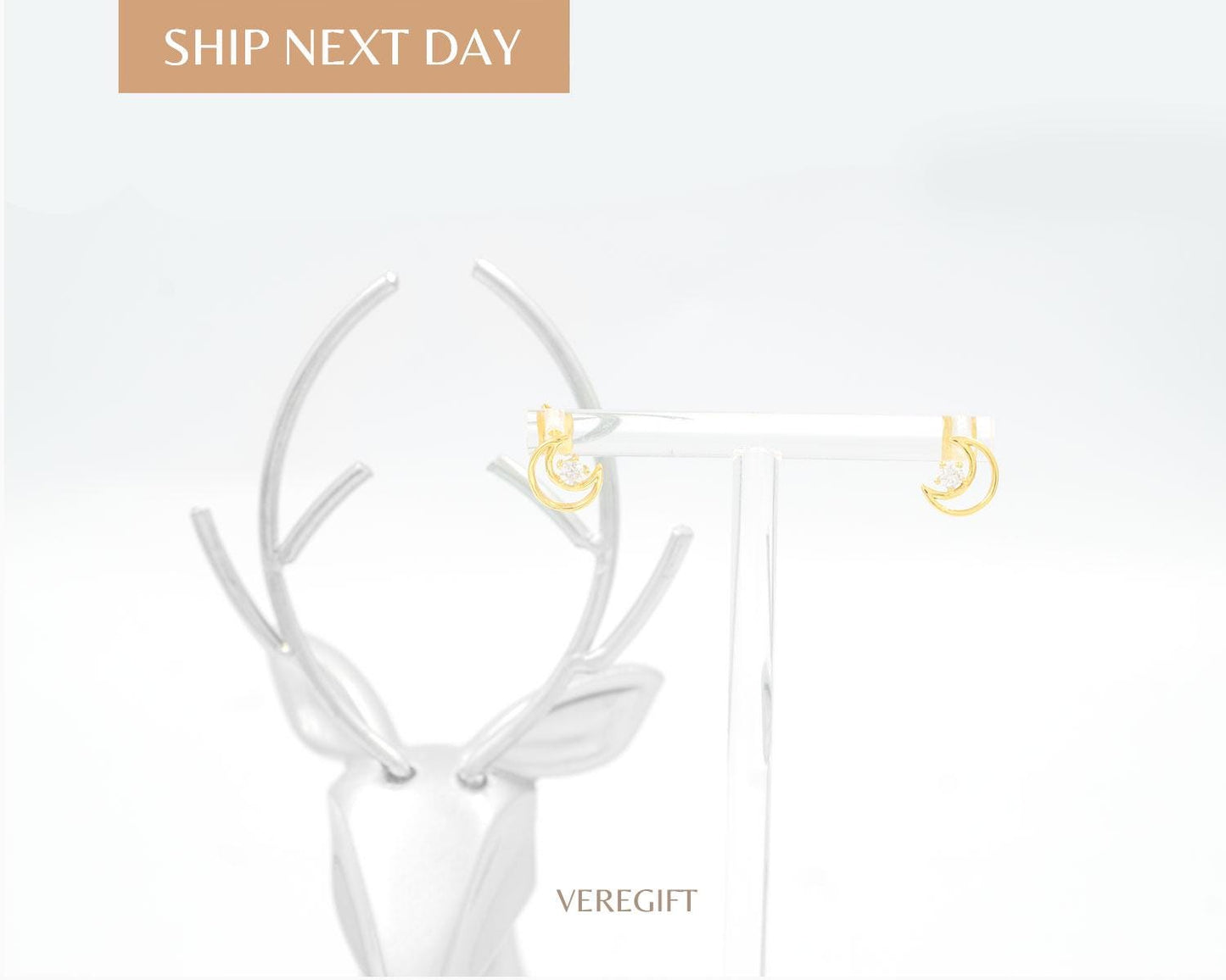 14K Gold Moon Stud Earrings: Sterling Silver Zircon Gemstone