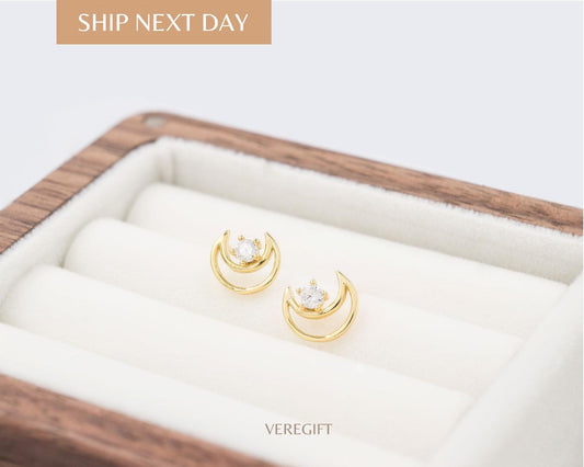 14K Gold Moon Stud Earrings: Sterling Silver Zircon Gemstone