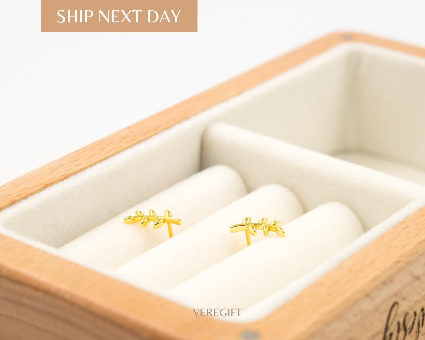 birthday gift, jewelry, stud earrings, Sterling Silver Plated 14K Gold Mini Leaf Earrings - EH5002