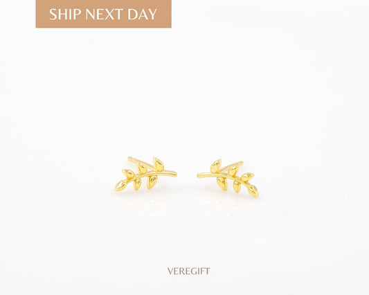 birthday gift, jewelry, stud earrings, Sterling Silver Plated 14K Gold Mini Leaf Earrings - EH5002