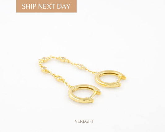 Dainty Gold Double Chain Hoop Earrings: Minimalist Layered Dangle