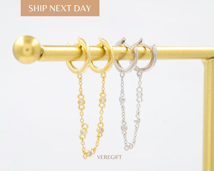 Dainty Gold Double Chain Hoop Earrings: Minimalist Layered Dangle