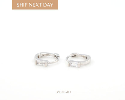 Dainty Baguette CZ Hoop Earrings: 18k Gold Plated Sterling Silver Huggies