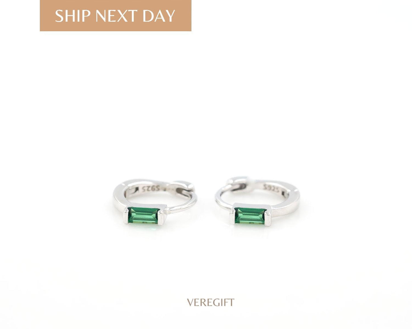 Dainty Baguette CZ Hoop Earrings: 18k Gold Plated Sterling Silver Huggies