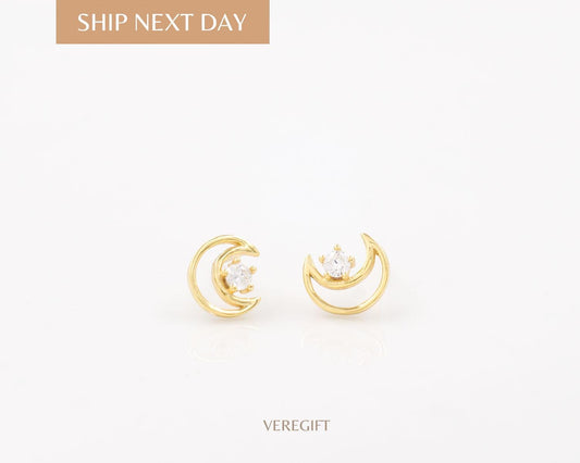 14K Gold Moon Stud Earrings: Sterling Silver Zircon Gemstone