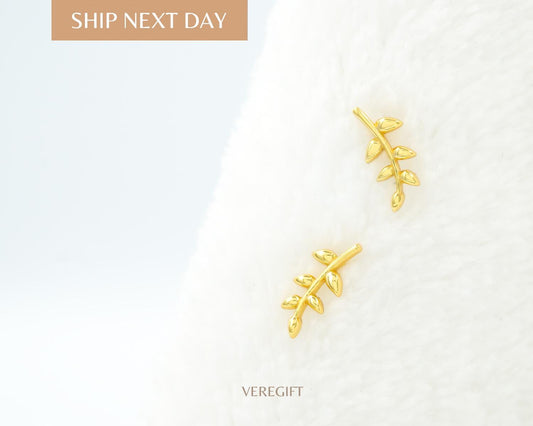 birthday gift, jewelry, stud earrings, Sterling Silver Plated 14K Gold Mini Leaf Earrings - EH5002