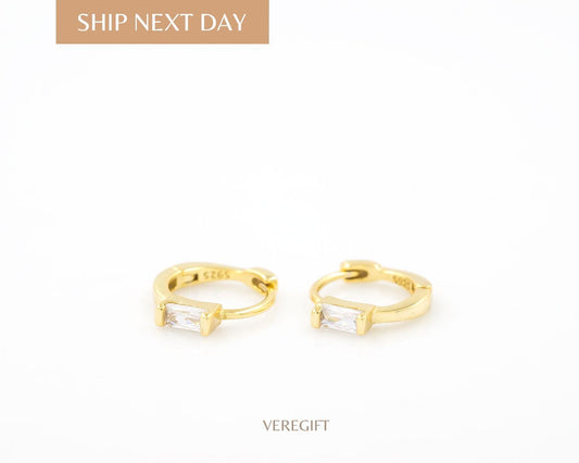 Dainty Baguette CZ Hoop Earrings: 18k Gold Plated Sterling Silver Huggies