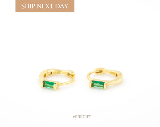 Dainty Baguette CZ Hoop Earrings: 18k Gold Plated Sterling Silver Huggies