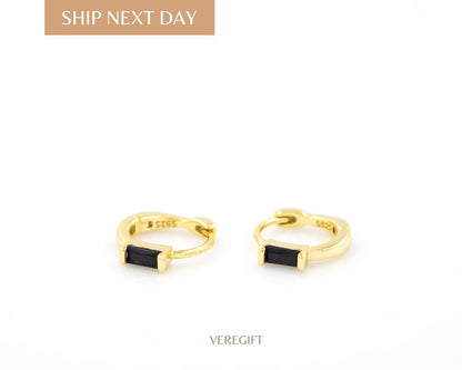 Dainty Baguette CZ Hoop Earrings: 18k Gold Plated Sterling Silver Huggies