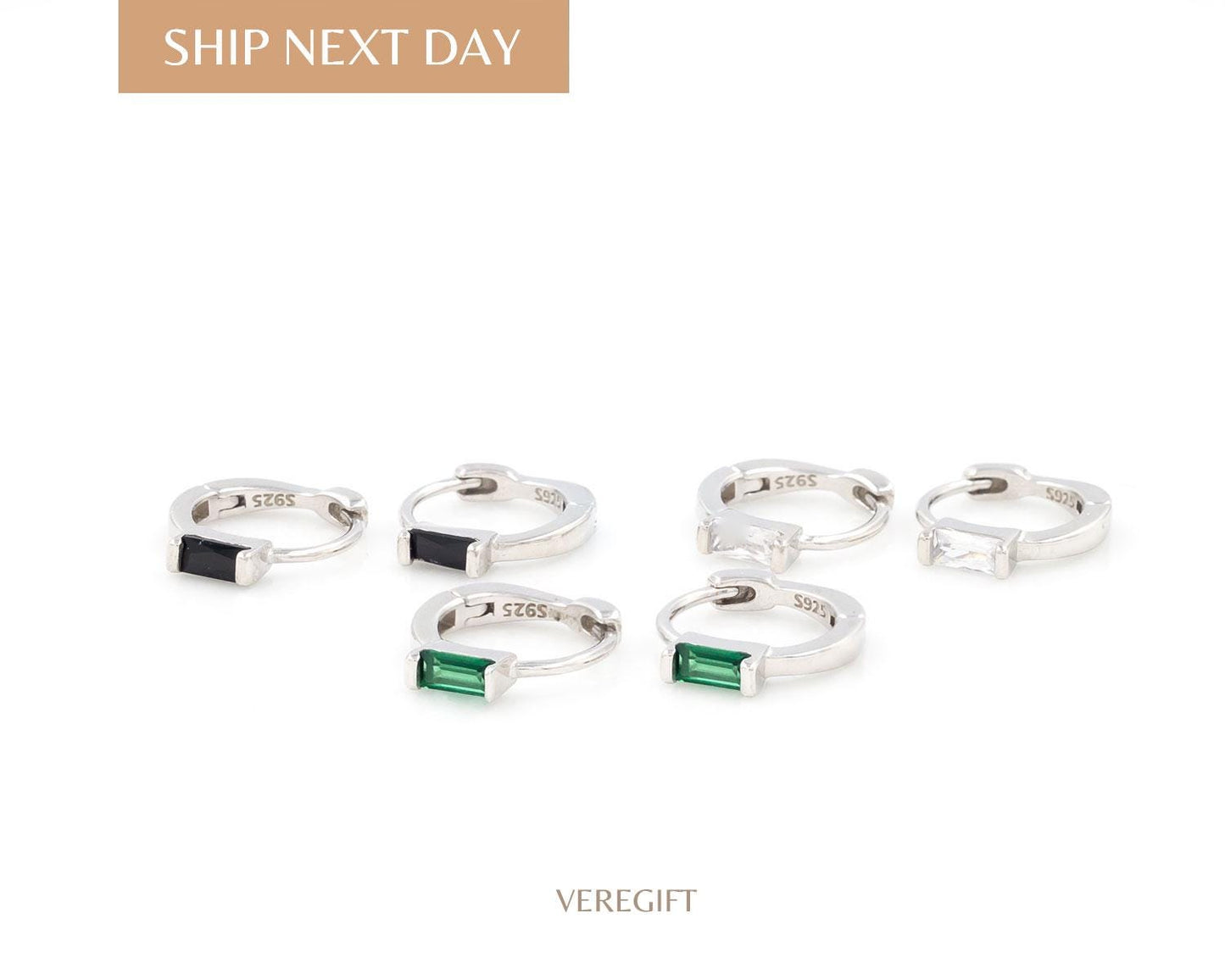 Dainty Baguette CZ Hoop Earrings: 18k Gold Plated Sterling Silver Huggies