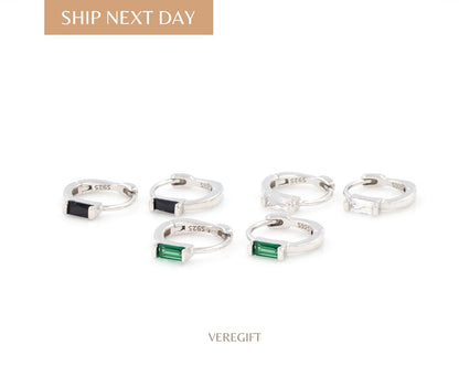 Dainty Baguette CZ Hoop Earrings: 18k Gold Plated Sterling Silver Huggies