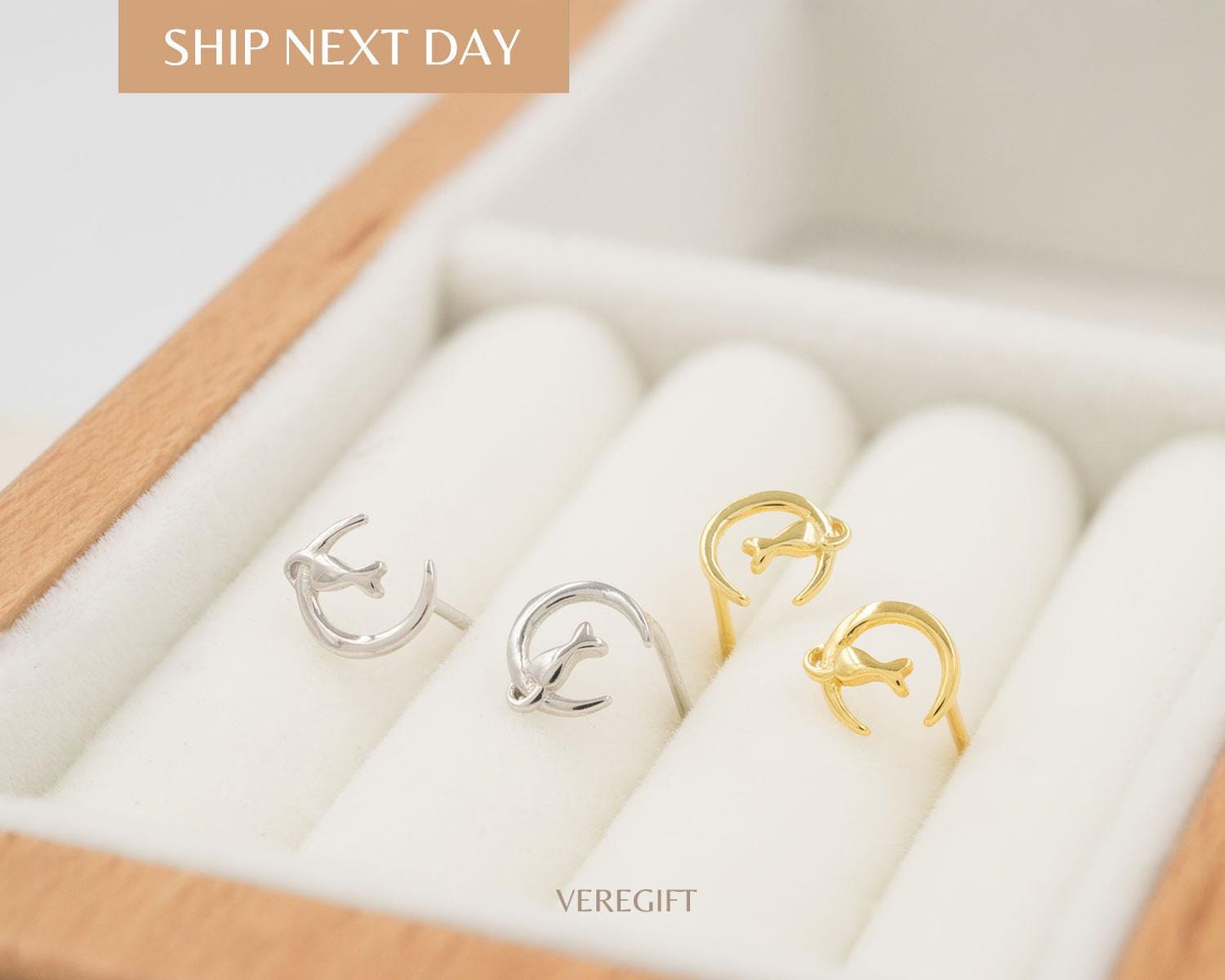 Cat In Moon Stud Earrings: Gold Plated Sterling Silver, Minimalist Jewelry - EH3010