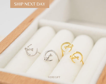 Cat In Moon Stud Earrings: Gold Plated Sterling Silver, Minimalist Jewelry - EH3010