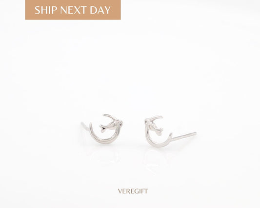 Cat In Moon Stud Earrings: Gold Plated Sterling Silver, Minimalist Jewelry - EH3010
