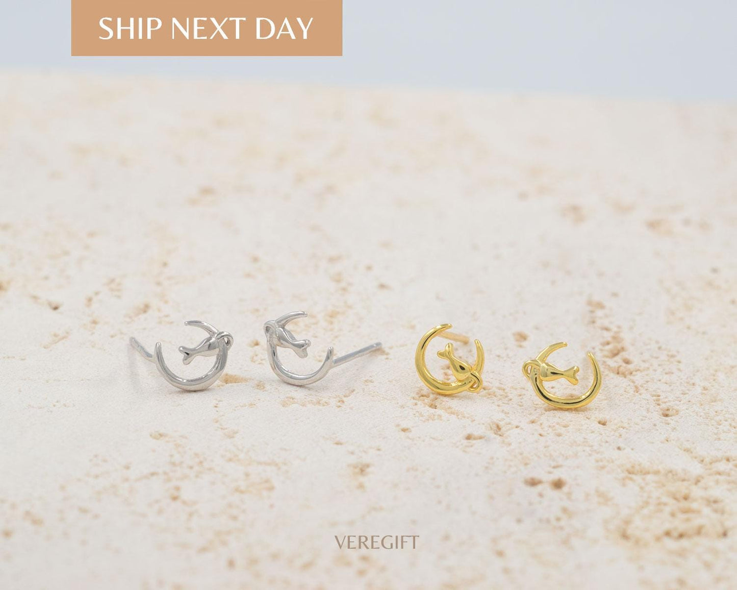 Cat In Moon Stud Earrings: Gold Plated Sterling Silver, Minimalist Jewelry - EH3010